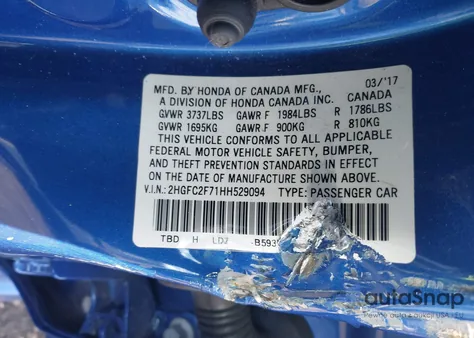 2017 Honda Civic Ex from USA, damaged, VIN 2HGFC2F71HH529094